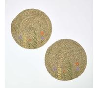 HOMESCAPES Natural Place mats for Table, Round Placemats Set of 2, Woven Non-Slip Mat Heat Resistant Hot or Cold Dinner, Bar Accessories for Home, Kitchen, Dining Room Tableware Decor, Flowers