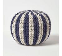Homescapes Navy And White Knitted Pouffe Striped Footstool 35 X 40 Cm