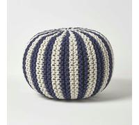 HOMESCAPES Navy and White Knitted Pouffe Striped Footstool - 40 x 50 cm