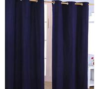 HOMESCAPES Navy Blue Eyelet Curtain Pair 137cm (54") Wide x 228cm (90") Drop Plain Heavy Unlined Curtains