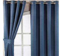 HOMESCAPES Navy Blue Eyelet Ring Top Blackout Thermal Curtain Pair Width 117cm (46") x 182cm (72") Drop Herringbone Chevron Textured Retro Geometric Design. FREE SWATCHES.