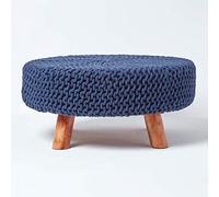 Homescapes Large Round Cotton Knitted Footstool On Legs In Navy Navy One Size