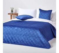 HOMESCAPES Navy Blue Velvet Bedspread Quilted Geometric Throw for King Size & Super King Size Bed - 250 x 260 cm