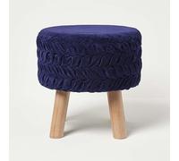 HOMESCAPES Navy Blue Velvet Footstool 40 cm Tall Lyla 100% Cotton Velvet Pleated Round Pouffe on Solid Wooden Legs Upholstered Footrest