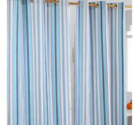 HOMESCAPES New England Stripes - Blue Navy White - Eyelet Curtain Pair 137cm (54") Wide x 228cm (90") Drop 100% Cotton Ring Top Striped Curtains