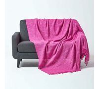 HOMESCAPES Nirvana Cerise Pink Handwoven 100% Pure Cotton Throw 60 x 80 Inches, Bedspread Blanket with Handknotted Tassles in Very Durable and Heavy Quality, Easy-Care and Washable at Home