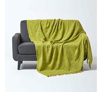 HOMESCAPES Nirvana Lime Green Handwoven 100% Pure Cotton Throw 90 x 100 Inches, Bedspread Blanket with Handknotted Tassles in Very Durable and Heavy Quality, Easy-Care and Washable at Home