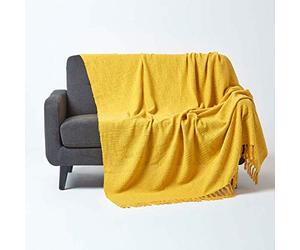 HOMESCAPES Nirvana Ochre Yellow Handwoven 100% Pure Cotton Throw 60 x 80 Inches, Bedspread Blanket with Handknotted Tassels in Very Durable and Heavy Quality, Easy-Care and Washable at Home