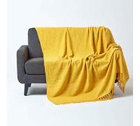 HOMESCAPES Nirvana Ochre Yellow Handwoven 100% Pure Cotton Throw 90 x 100 Inches, Bedspread Blanket with Handknotted Tassels in Very Durable and Heavy Quality, Easy-Care and Washable at Home