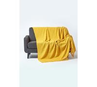 HOMESCAPES Nirvana Ochre Yellow Handwoven 100% Pure Cotton Throw 60 x 80 Inches, Bedspread Blanket with Handknotted Tassels in Very Durable and Heavy Quality, Easy-Care and Washable at Home