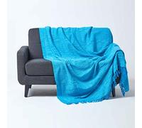 HOMESCAPES Nirvana Teal Handwoven 100% Pure Cotton Throw 60 x 80 Inches, Bedspread Blanket with Handknotted Tassels in Very Durable and Heavy Quality, Easy-Care and Washable at Home
