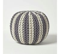 HOMESCAPES Off White and Grey Knitted Pouffe Striped Footstool - 35 x 40 cm