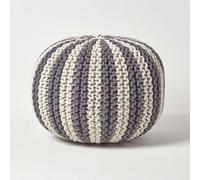 Homescapes Off White And Grey Knitted Pouffe Striped Footstool 40 X 50 Cm