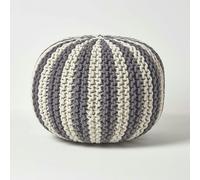HOMESCAPES Off White and Grey Knitted Pouffe Striped Footstool - 40 x 50 cm