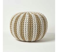 HOMESCAPES Off White and Linen Knitted Pouffe Striped Footstool - 40 x 50 cm