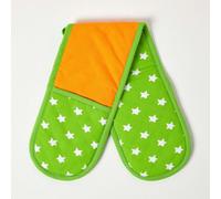 HOMESCAPES - Pure Cotton Double Oven Glove - Stars - Lime Green Orange - 18 x 84 cm - Fully Coordinated Washable Kitchen Linen