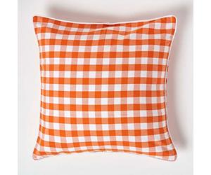 HOMESCAPES Orange and White Gingham Cushion Cover 60 x 60 cm (24” x 24”) Block Check Pattern 100% Cotton Decorative Large Square Cushion