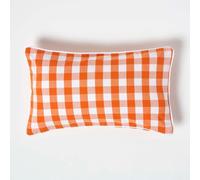 HOMESCAPES Orange and White Gingham Cushion Cover 30 x 50 cm (12” x 20”) Block Check Pattern 100% Cotton Decorative Rectangular Cushion