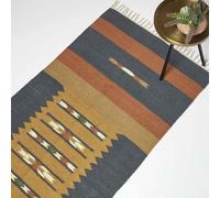 HOMESCAPES Orange & Blue Handwoven Kilim Rug Carpet Runner for Hallway 80 x 180 cm Traditional Geometric ‘Lundi’ Jute & Cotton Rug with Tassels
