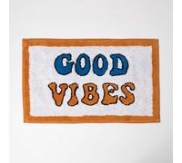 HOMESCAPES Good Vibes 100% Cotton Bath Mat Super Absorbent and Soft Orange White Blue Non-Slip 50 x 80 cm Large and Thick Bathmat