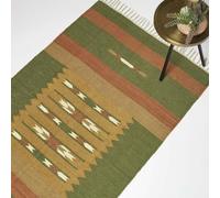 HOMESCAPES Orange & Green Handwoven Kilim Rug 90 x 150 cm Jute & Cotton Living Room Area Rug ‘Lundi’ with Traditional Geometric Pattern & Tassels
