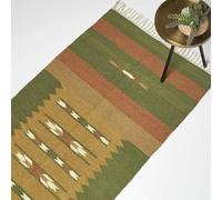 HOMESCAPES Orange & Green Handwoven Kilim Rug Carpet Runner for Hallway 80 x 180 cm Traditional Geometric ‘Lundi’ Jute & Cotton Rug with Tassels