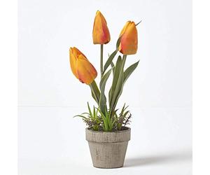 HOMESCAPES Orange & Red Artificial Tulips Plant In Rustic Grey Stone Pot 27cm Tall Faux Decorative Potted Plant With Lifelike Leaves For Indoor Decoration