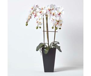 HOMESCAPES Oriental Style White Orchid in a Contemporary Black Pot 70 cm - Artificial Flowers and Plants for Indoor Decoration