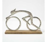 HOMESCAPES Ornaments For the Home, Silver Cyclist on a Bicycle Sculpture, Wooden Modern Statue, Home Decor Accessories Living Room, Bedroom & Office, Gift Ideas for Cycling Enthusiasts