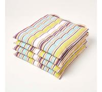 Homescapes Oska Green Stripe Seat Pad With Button Straps 100% Cotton 40 X 40 Cm Set Of 4