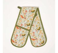 HOMESCAPES Oven Gloves 100% Cotton Song Bird Double Oven Mitt, Heat Resistant Extra Wide Padded Kitchen Baking Mitts