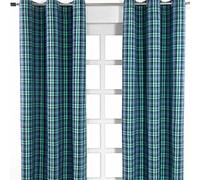 HOMESCAPES Pair of 100% Cotton Curtains - Black Watch Tartan Check - Green Black Blue - 137 x drop 228 cm - 90 Inch Drop - Eyelet Ring Top Hand Woven - Heavy Not Lined