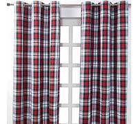 HOMESCAPES Pair of 100% Cotton Curtains - Macduff Tartan Check - Red Green White - 137 x drop 228 cm - 90 Inch Drop - Eyelet Ring Top Hand Woven - Heavy Not Lined