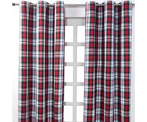 HOMESCAPES Pair of 100% Cotton Curtains - Macduff Tartan Check - Red Green White - 137 x drop 228 cm - 90 Inch Drop - Eyelet Ring Top Hand Woven - Heavy Not Lined