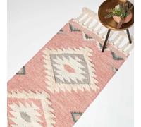 HOMESCAPES Pink & White Handwoven Kilim Rug Carpet Runner for Hallway 66 x 200 cm Traditional Geometric Pattern 'Pali' Wool & Cotton Rug with Tassels