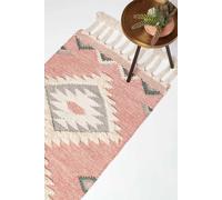 HOMESCAPES Pink & White Handwoven Kilim Rug Carpet Runner for Hallway 66 x 200 cm Traditional Geometric Pattern 'Pali' Wool & Cotton Rug with Tassels