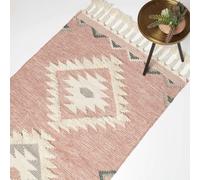 HOMESCAPES Pink & White Handwoven Kilim Rug 90 x 150 cm Wool & Cotton Living Room Area Rug ‘Pali’ with Traditional Geometric Pattern & Tassels