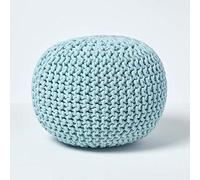 HOMESCAPES Pastel Blue Knitted Pouffe Footstool Bean Filled 100% Cotton for Living Room Children or the Elderly