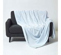 HOMESCAPES Pastel Blue Velvet Throw 130 x 160 cm Soft ‘Mora’ Faux Fur Throw Blanket Jacquard Chambray Weave Bed Sofa Throw for Single Beds and Armchairs
