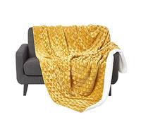 HOMESCAPES Patterned Sherpa Fleece Throw Blanket - Soft Velvet Sofa Throw, Warm Fluffy Blanket For Beds, Thick & Cosy Reversible Blankets, Triangular Geometric Design - Mustard Yellow, 200 x 230cm
