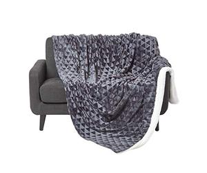 HOMESCAPES Patterned Sherpa Fleece Throw Blanket - Soft Velvet Sofa Throw, Warm Fluffy Blanket For Beds, Thick & Cosy Reversible Blankets, Triangular Geometric Design - Dark Grey, 200 x 230cm