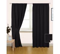 HOMESCAPES Pencil Pleat Black Thermal Blackout Curtains Pair Width 66 x 54 Inch Drop Genuine 3 Pass Insulated Noise Reducing Premium Linen Look Curtains with Tie Backs