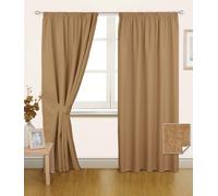 HOMESCAPES Pencil Pleat Latte Thermal Blackout Curtains Pair Width 66 x 72 Inch Drop Genuine 3 Pass Insulated Noise Reducing Premium Linen Look Curtains with Tie Backs
