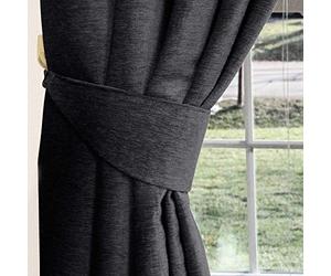 HOMESCAPES Pewter Grey Chenille Curtains Tie Backs Pair, 2 Tie Backs for Curtains - Coordinating with Chenille Thermal Pencil Pleat Curtains. FREE SWATCHES AVAILABLE