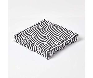 HOMESCAPES - Pin Stripe Black - 100% Cotton - Large Floor Cushion - Black and White - 50 x 50 x 10 cm Square - Indoor - Garden - Dining Chair Booster - Seat Pad Cushion.