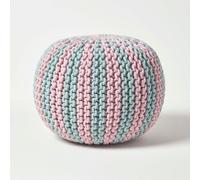 Homescapes Pink And Blue Knitted Pouffe Striped Footstool 35 X 40 Cm