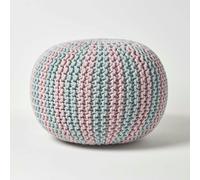 HOMESCAPES Pink and Blue Knitted Pouffe Striped Footstool - 40 x 50 cm