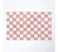 HOMESCAPES Pink Bath Mat, 100% Cotton Super Absorbent Soft Non Slip Bathmat 50 x 80 cm Large, Blush Pink & White Checkerboard Pattern, Washable Bathroom Shower Mat with Latex Backing