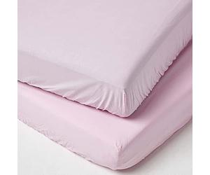 HOMESCAPES Pink Cot Bed Fitted Sheets 70 x 140 cm 2 Pack 100% Egyptian Cotton Percale Soft Hypoallergenic Toddler Bed Sheet Fully Elasticated Skirt Breathable Easy Care 200 TC 400 Thread Count Equiv