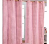 HOMESCAPES Pink Gingham Check Eyelet Curtain Pair 100% Cotton 137cm (54”) Wide x 228cm (90”) Drop